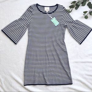 Sail to Sable Knit Stripe Bell Sleeve Navy Dress